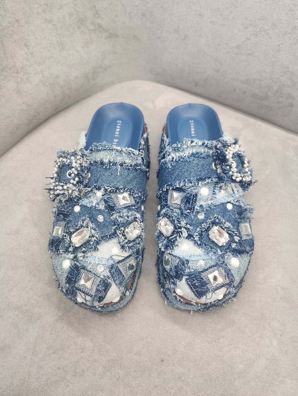 Gianni Bini Mule Clogs 8.5 Blue Denim Omari Patchwork Jeweled Distressed New$150